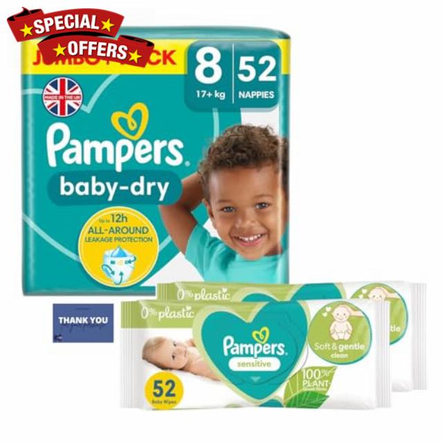 Toddler Protection Bundle Consists of Nappies Baby Dry Size 8 Jumbo+ 52 Nappies with 2 Packs of Baby Wipes