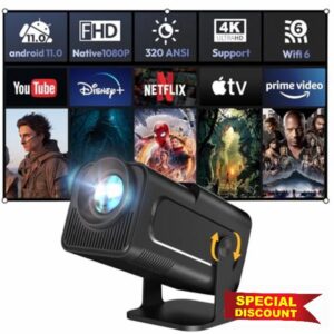 Smart Mini Projector XGODY Gimbal5 Android 11 Full HD Projector Native 1080P 4K Support 5G WiFi 6 Bluetooth 5.0 Home Movie Projector Electric Focu Auto Keystone 180 Rotating For PC/Lap/PS5 Dull Black
