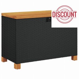 idaXL Black Poly Rattan Garden Storage Box with Acacia Wood Top - 80x40x48 cm All-Weather Outdoor Bench for Patio/Garden/Poolside