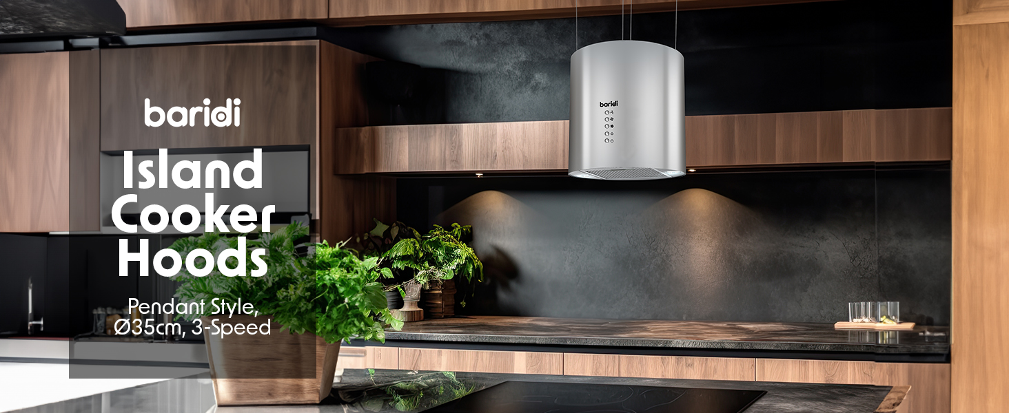 Baridi Island Cooker Hoods, Powerful Airflow, 3-Speed, Pendant Style