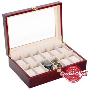 Uten 12 Grids Wooden Watch Box Storage Jewellery Display for Men Wome