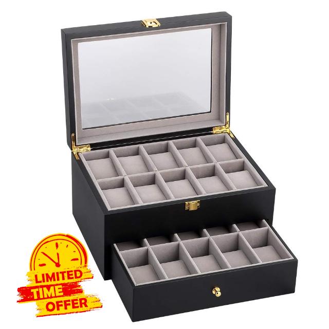 Uten 20 Wooden Watch Storage Box 2 Layers Organizer Collection Jewelry with Glass Lid Mens