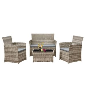Aweather Rattan Garden Furniture Set Patio Conservatory Balcony Indoor Outdoor 4 Seater Piece Glass Top Coffee Table Modular Sofa Loveseat with Cushions