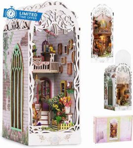 Book Nook Kit Decorative Bookend Stand Creative Bookshelf Miniature Booknook Kit 3D Wooden Puzzle for Adults Room Dollhouse Decoration (Garden House)