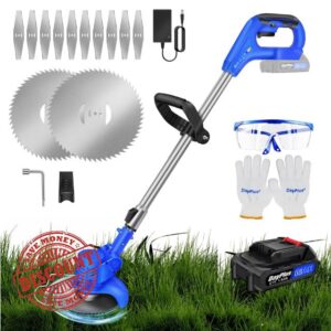 Qimu Cordless Strimmer 21V Garden Strimmer with 1500mAh Battery&12pcs Blade Electric Telescopic Brush Cutter Lightweight Battery Strimmer Adjustable Height Metal Blade Strimmer for Gardens Lawns