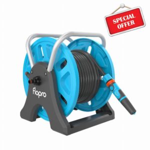 Flopro-EVERYDAY garden hose reel 20m: 2-in-1 ideal as free standing or wall mounted hose reel. Robust frame for stability. Complete with SUPERGRIP hose pipe connector set & nozzle- Fits all brands