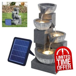 BTGGG Solar Water Feature Outdoor Solar Powered Garden Water Features Solar Water Fountain with Lights Solar Waterfall Decoration for the Garden Outdoor - 4 Tier Cascading Bowl Solar Fountai