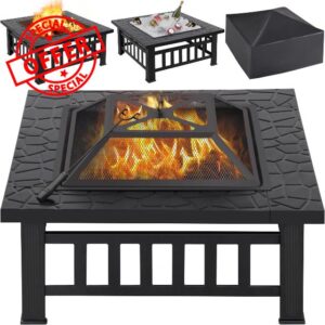 Yaheetech Outdoor Fire Pit 81cm Square Fire pits 2-in-1 Heat-resistant Metal Garden Stove for Barbecue