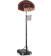 GYMAX 200-305cm Basketball Hoop and Stand, Height Adjustable Basketball Set with Wheels, Stable B...