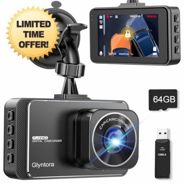 Glyntora Dash Cam with 64GB SD Card