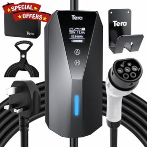 Tera EV Charger Portable Type 2: EV Wallbox for Outdoor Charging 7meter Charging Label 13A 3kW UK 3PIN Plug Adjustable Strom IP66 LCD Screen with Cable Holder Storage Bag P02 Black