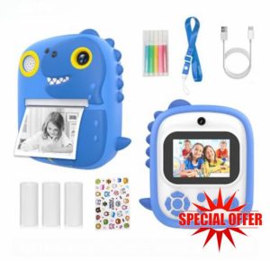 Dinosaur Kids Instant Print Camera Silicone Protective Cover 1080P Digital Selfie Camera 2.4-inch IPS Screen Instant Print Kids Camera with Photo Paper Rolls 16GB Micro SD Card (Blue)