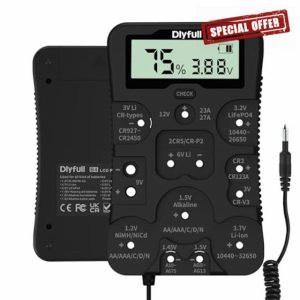 Dlyfull Universal Battery Tester with LCD Display Battery Checker Voltage/Power for AA AAA C D 9V 1.2V Alk & Rechargeable CR2032 CR123A CR2 CRV3 6V 12V 3.2V 3.7V 18650 1.5V/3V Button Cell Batteries