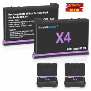 COOLSHOW X4 Battery Replacement 2500mAh 2 Packs Compatible with Insta360 X4 Battery Comes with Battery Protection Cases Compatible with Insta 360 X4 Camera