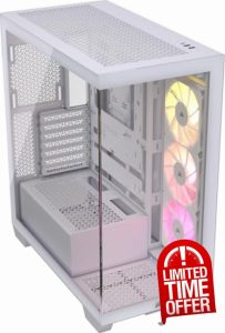 CORSAIR 3500X ARGB Mid-Tower ATX PC Case – Panoramic Tempered Glass – Reverse Connection Motherboard Compatible – 3x CORSAIR RS120 ARGB Fans Included – White
