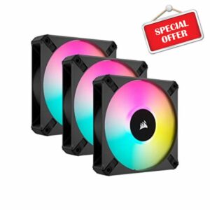Corsair iCUE AF120 RGB ELITE 120mm PWM Triple Fan Kit - Eight RGB LEDs Per Fan - AirGuide Technology - Fluid Dynamic Bearing - Zero RPM Fan Mode - Included iCUE Lighting Node CORE Controller - Black