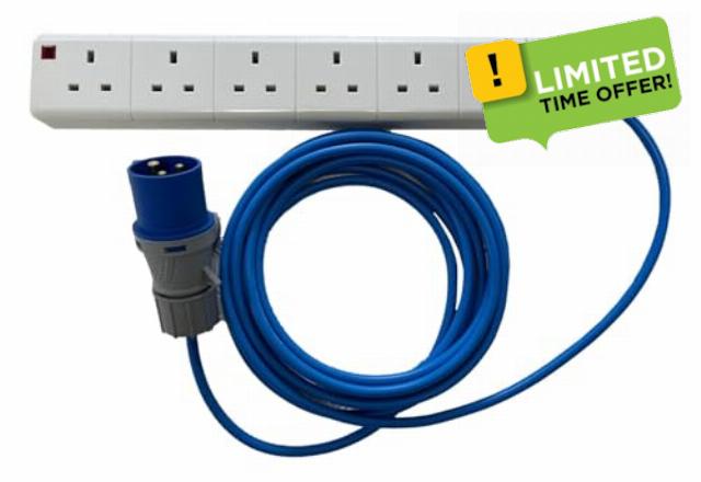 K M Electronics 16A PLUG TO 6 GANG SOCKET EXTENSION CAMPING TENT ELECTRIC MAINS HOOK UP CABLE 1M TO 25M (5M)