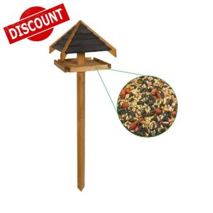 Green Feathers Handcrafted Wooden Pine & Charcoal Bird Table with Sheltered Roof & Mounting Stake for Outdoor Garden - Feeding Station for Small to Medium Birds (Charcoal Roof Bird Table & Seed Mix)