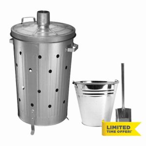 (     ) Metal Shovel (4 Inch) + 9L Bucket + 75 Litre 75L Extra Large Galvanised Metal Incinerator Recycle Garden Rubbish Fire Burning Bin Taper Mouth Hand Shovel