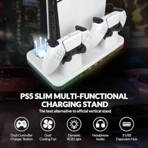 Multi-functional PS5 Slim Stand with RGB Light&Headphone Hook&2-Level Silent Fan for PS 5 Slim Digital/Disc