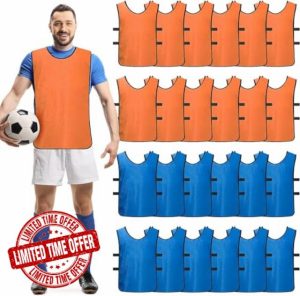 24 Pack Sports Pinnies Scrimmage Training Vest Football Soccer Rugby Sports Bibs Team Practice Jerseys for Kids Youth Adults Basketball Football Volleyball (Orange + Blue)