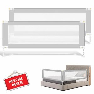 Ansobea 2PCS Bed Guard Bed Rails foldable 200 cm No-screws for Toddlers Bed Safety Guard for kids Large U shade base Travel Bed Guard Bed Side Rail easy install and carry Grey