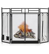 COSTWAY 3 PCS Folding Iron Fire Panel, Spark Flame Barrier with Leaves Decoration, Wide Metal Mes...