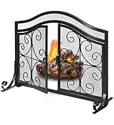 COSTWAY Fire Guard with Double Doors, Wrought Iron Mesh Fireplace Screen with Floral Decoration, ...
