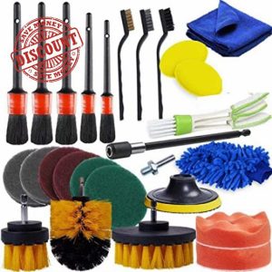 Homeriy 27pcs Exterior Interior Auto Car Cleaning Kit with Detail Brushes Drill Brushes Wash Mitt Polishing Pads Scouring Pads for Car Interior Exterior Cleaning