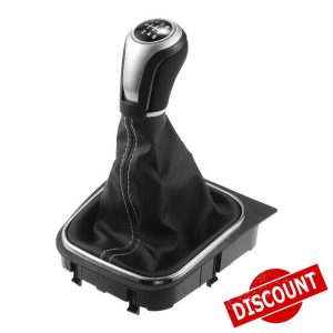 A ABSOPRO 6 Speed Manual Gear Shifter Knob with Cover for Volkswagen Eos After 2006 Faux Leather Gearbox Stick Shifter Lever Knob Black with White Stitches