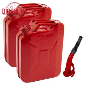 2 x 20 Litre Metal Jerry Cans in Vibrant Red with Pouring Spout Wolf 20L Fuel Gas Diesel Gasoline Petrol Oil Tank Canister 3 Handle Durable Containe