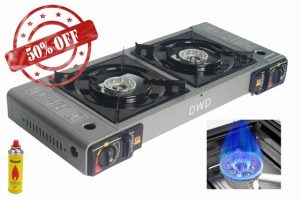 DWD® Premium Double Camping Gas Stove 5KW For Butane Gas or LPG Gas Source Connector Supplied EN417 Compliant Automatic Ignition & Heat Control Enamel Pan Supports