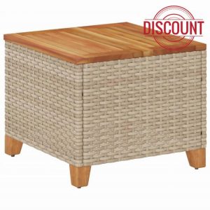 idaXL Garden Table in Beige/Brown - Poly Rattan with Acacia Wood Top & Powder-Coated Steel Frame 45x45x37 cm for Patio/Outdoo