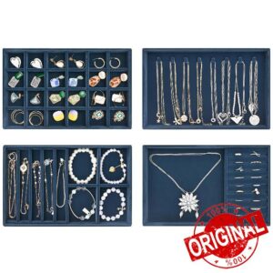 ProCase Jewellery Tray Organiser 4 Set Jewellery Drawer Organiser Velvet Stackable Jewellery Storage Tray for Drawer Jewellery Display for Earring Necklace Ring Bracelet