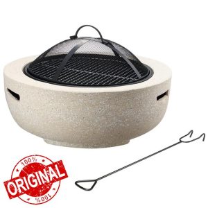 Gr8 Garden Round MGO Fire Pit Round Beige 55cm Large Barbecue Outdoor Garden Patio Barbeque with BBQ Cooking Grill Bowl Mesh Cover And Poker Camping Heater Burne