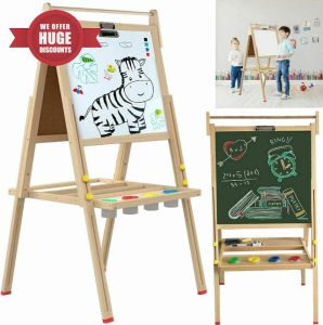 DEZYN - Kids Wooden Art Easel Double-Sided Whiteboard and Chalkboard Adjustable Standing Easel Painting Drawing Board with Paper Roll Holder Magnetic Letters and Numbers Accessories