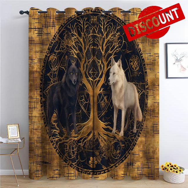 Srigzcaly Blackout Curtains Bedroom 2 Panels 66" W x 72" H - Viking Animal Wolf Polyester Anti-Fade Curtain
