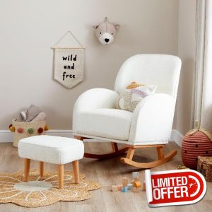 Babymore Freya Nursing Chair & Footstool in Off-White Bouclé - Elegant Rocking Chair for Timeless Comfort With Sturdy Wooden Legs
