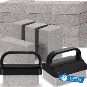 Kacctyen 16 Pcs Pumice Stones Scrubbing Grill Griddle Cleaning Brick Block Grill Cleaning Stone Griddle Scrubber Cleaner with 2 Pcs Handle for Outdoor BBQ Oven Flat Top Cookers Remove Greases Stains