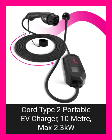 Cord Type 2 Portable EV Charger, 10 Metre, 230V 6A-8A-10A Max 2.3kW - Carry and Storage Bag Included