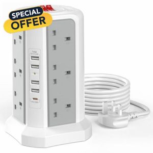 Tower Extension Lead with USB Slots with 20W USB C Fast Charger(5V/3.1A)