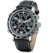 PINDOWS Watches for Men, Men Military Digital Analog Casual Dual Time Leather Wristwatch Multifun...