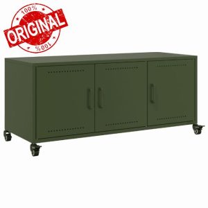 idaXL TV Cabinet Stand/Media Unit - Olive Green Cold-Rolled Steel with 3 Doors and Wheels - Storage for Living Room