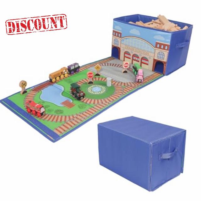 ZANY TRAINS - Train Storage Bin and Play Mat - Wooden Railway Toy Storage Box with Train Tracks Design - Two in One Collapsible Toy Car Storage With Station - Car Garage Fabric Bi