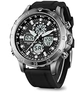 PINDOWS Watches for Men, Men Military Digital Analog Casual Dual Time Leather Wristwatch Multifun...