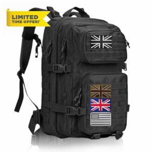 Geebymol 45L Military Tactical Backpacks Large Molle Army Assault Pack 3 Day Bug Out Bag Laptop Bag for Hiking Treeking Black Hunting Rucksack with 4 Flag Patches