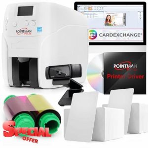 Pointman PULSE Printer Bundle - ID Card Printer Bundle - Logitech Webcam - 200 Cards - Dye-Sublimation Ribbon - CardExchange ID Card Design Software - PVC ID Card Printer - Dye Sublimation Printe