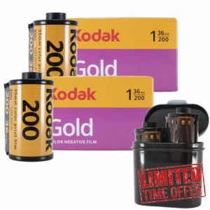 35mm film camera Bundle: 2 rolls of Kodak 35mm film colour Gold 200 36 exposures and a 2 film roll 35mm case