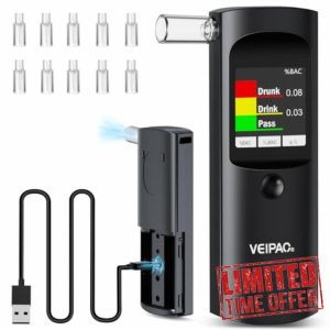 VEIPAO Alcohol Breathalyzer Tester UK Breathalysers: Portable Breathalyser with 11 Mouthpieces - Digital LCD Screen Alcohol Test Kit High Accuracy for Home Personal Professional Use