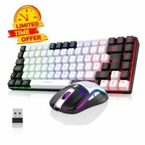 RedThunder K84 75% Wireless Gaming Keyboard and Mouse Rainbow Backlight UK Layout 85 Keys TKL Ultra Compact Mini Design Lightweight Honeycomb Gaming Mouse for PC Mac PS5 Office Gamers (White-Black)